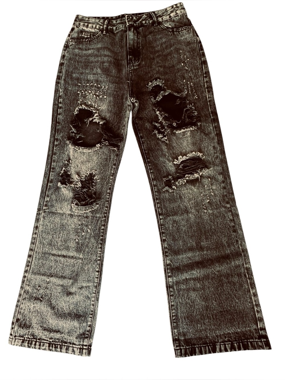 Unbranded Women’s Distressed Wide Leg Jeans Gray Acid Wash High Rise Size L New